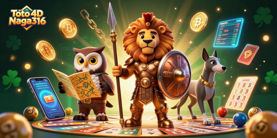 Toto 4D Naga316 lottery action featuring a Spartan lion and strategic owl with vibrant colors.