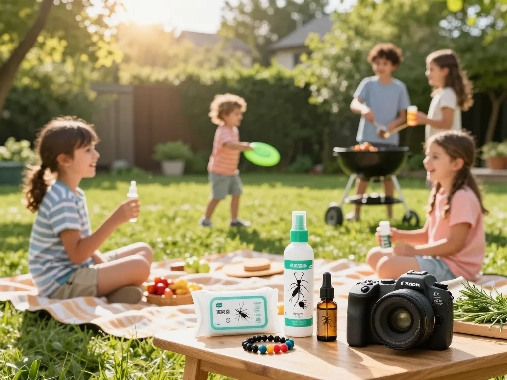 Family enjoying outdoor picnic with various Best Mosquito Repellent products displayed for summertime protection.