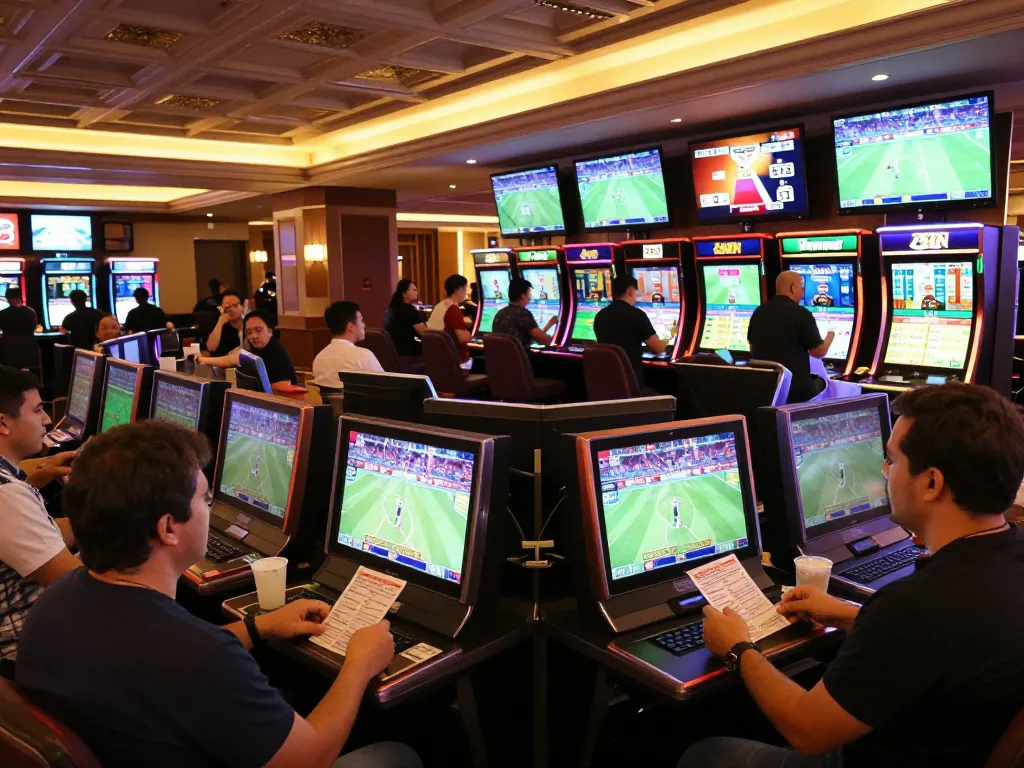 Exciting sports betting scene at 23win casino lounge with patrons engaging in betting.