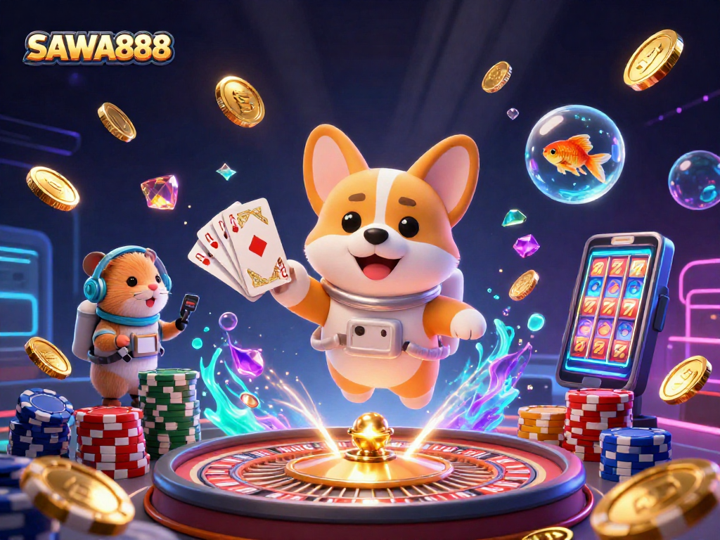 SAWA888 showcases an exciting 3D casino adventure with vibrant characters and gaming elements.