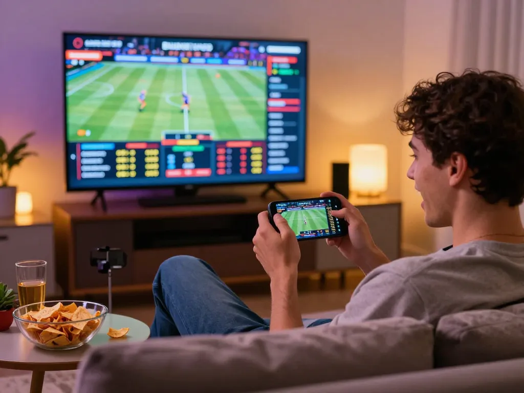 Engaging online sports betting moment at home featuring 888vnd nhà cái and a smartphone in action.