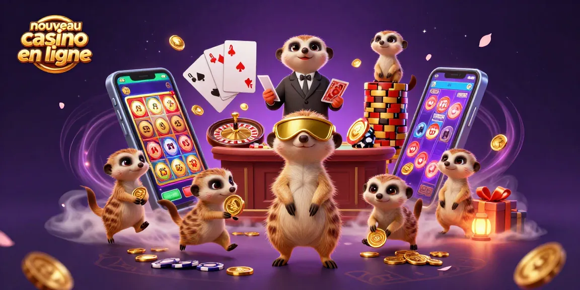 Nouveau casino en ligne : des suricates gèrent une opération de jeu avec des jeux de cartes et des roulettes