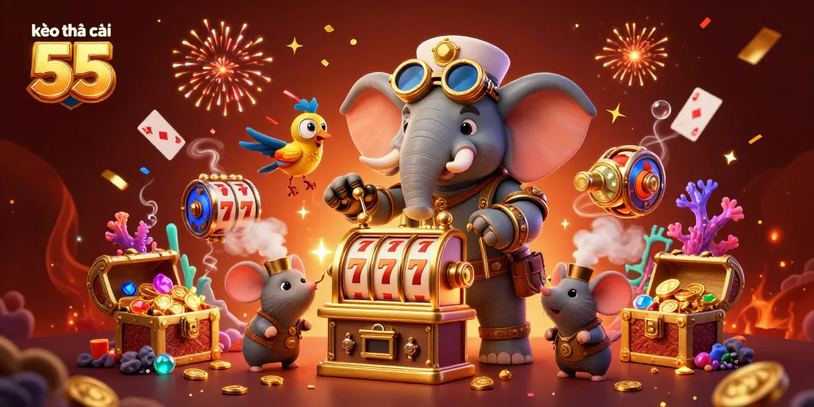 Engage with kèo nhà cái 55 while enjoying exciting slot machine action in a dynamic casino scene.