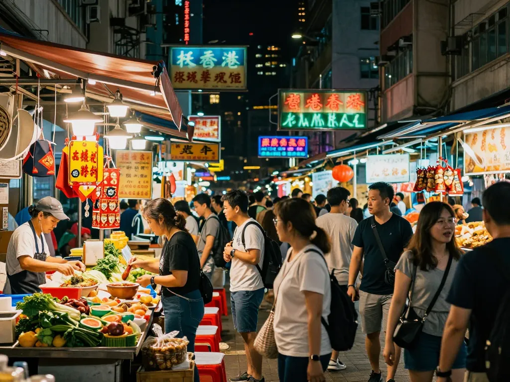 Dynamic Hong Kong street market bustling with vendors and customers, showcasing HK culture and energy.