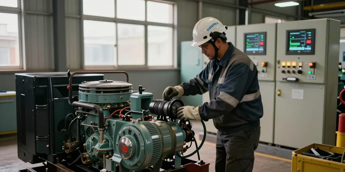 Technician operating diesel generators in an industrial power plant, showcasing reliability and expertise in energy solutions.