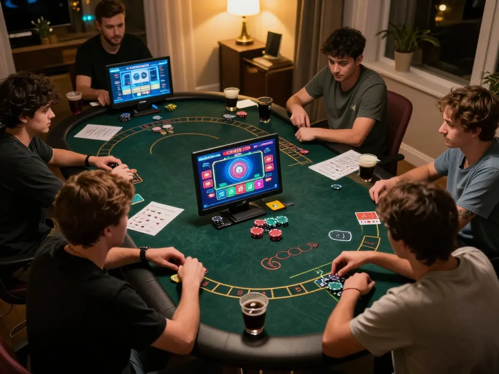 Players engaged in intense online poker gaming, exploring 包网 options on their devices in a cozy home setup