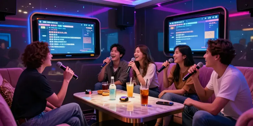 도파민 가라오케에서 친구들과 함께 즐거운 시간을 보내는 모습의 고급스러운 룸