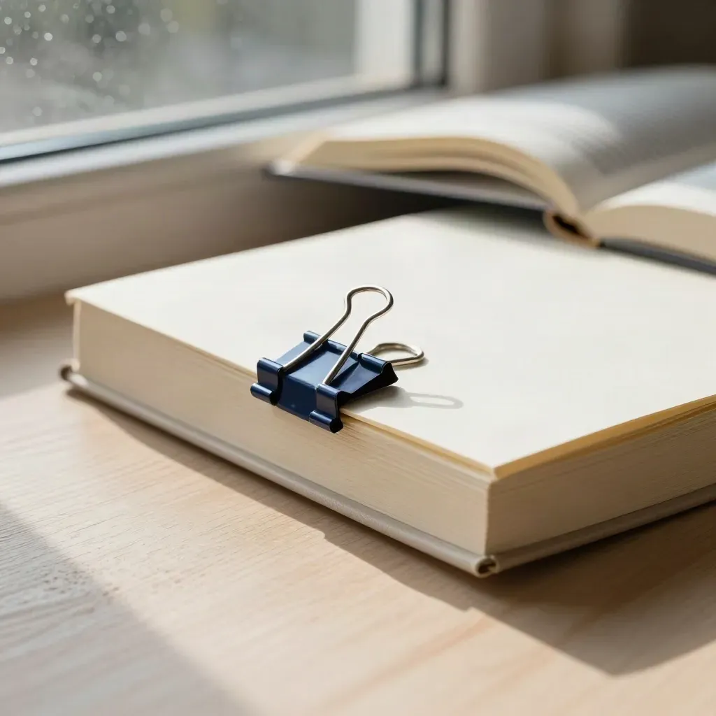 Macro of a finished essay packet with a navy clip beside a blurred reference book on pale wood