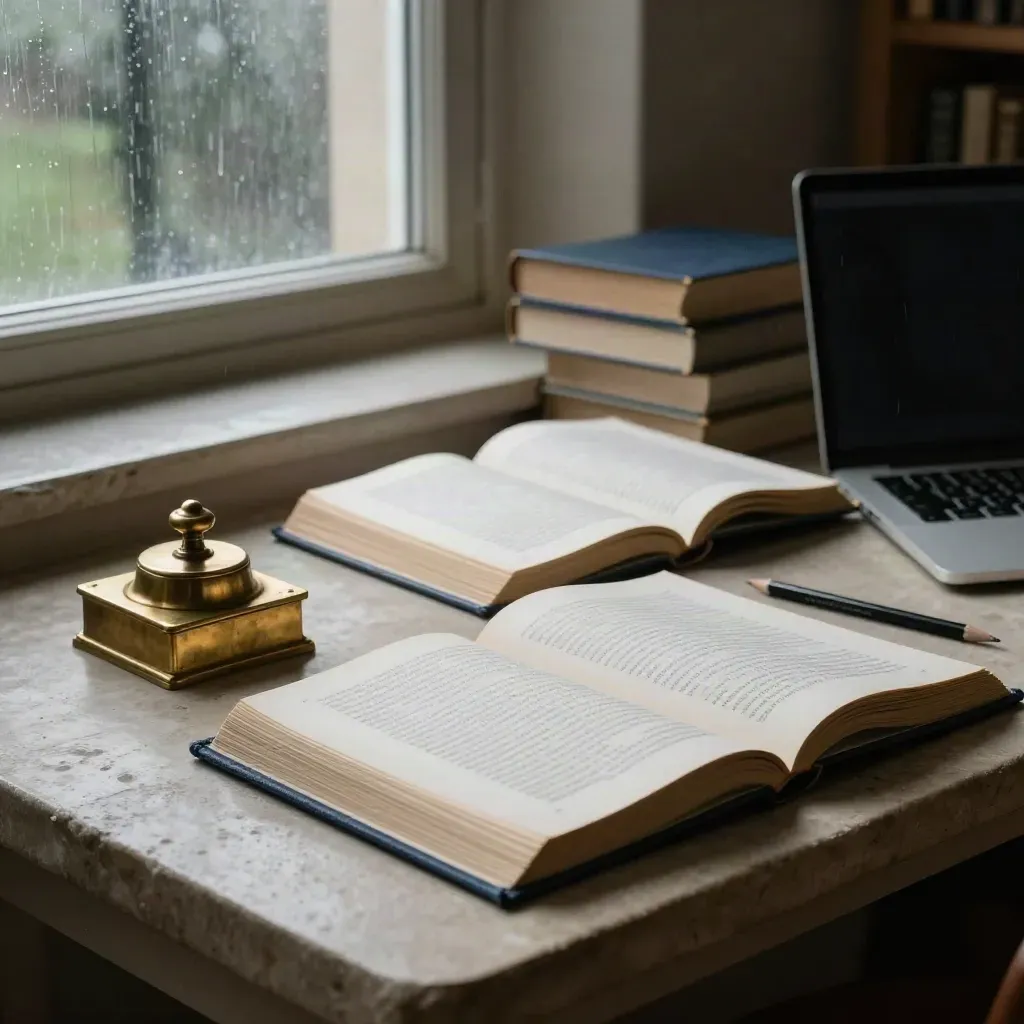 Rain-lit study alcove with manuscript stack, open books, brass paperweight, pencil and laptop.