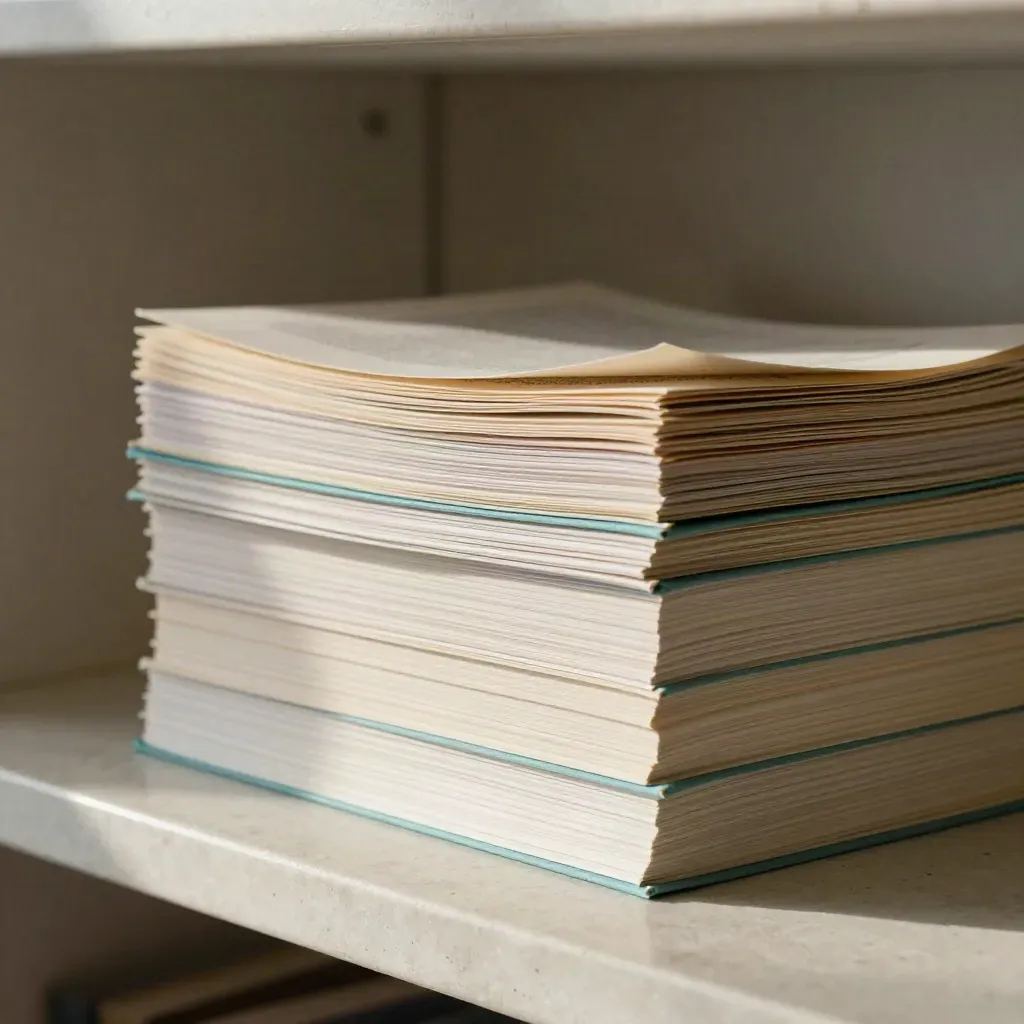 Fanned term papers with teal tabs and a reference booklet on pale travertine.