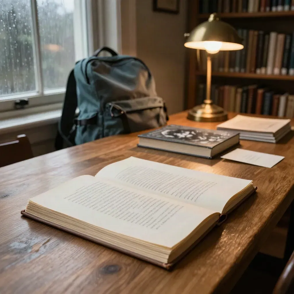 Rainy dawn library table with manuscript, closed novel and backpack by a window.