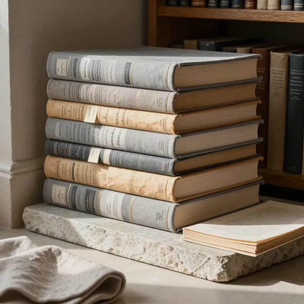 Organized psychology books and a bound paper on stone in a quiet study alcove.