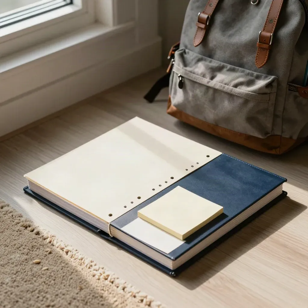 Top-down dorm corner with a finished term-paper binder, dividers and packed backpack in warm window light.