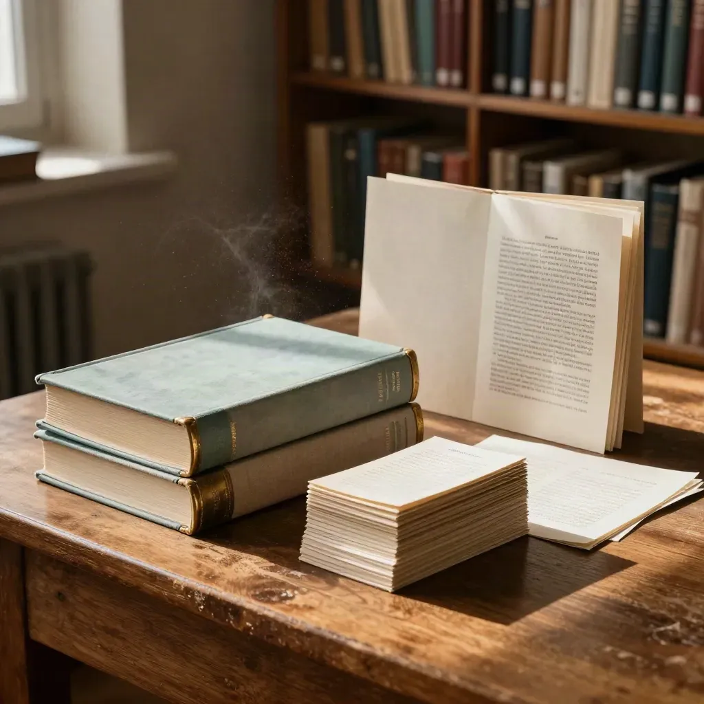 Archive study surface with final history papers, source books, and teal file tabs in dusty light