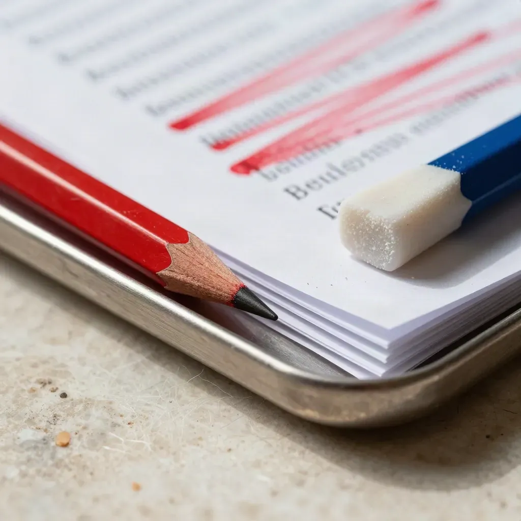 Macro still life of editing pencils, eraser, and proof pages in a metal tray on travertine.