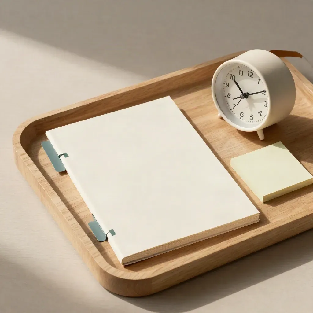 Overhead flatlay of a brief booklet, tabs, sticky notes, and desk clock on pale wood