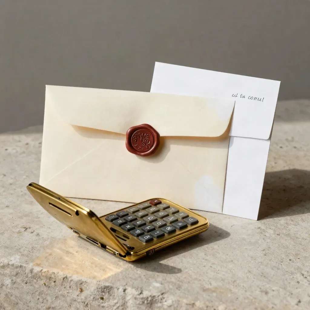 Brass calculator, sealed envelope, and quote sleeve on pale stone in soft side light.