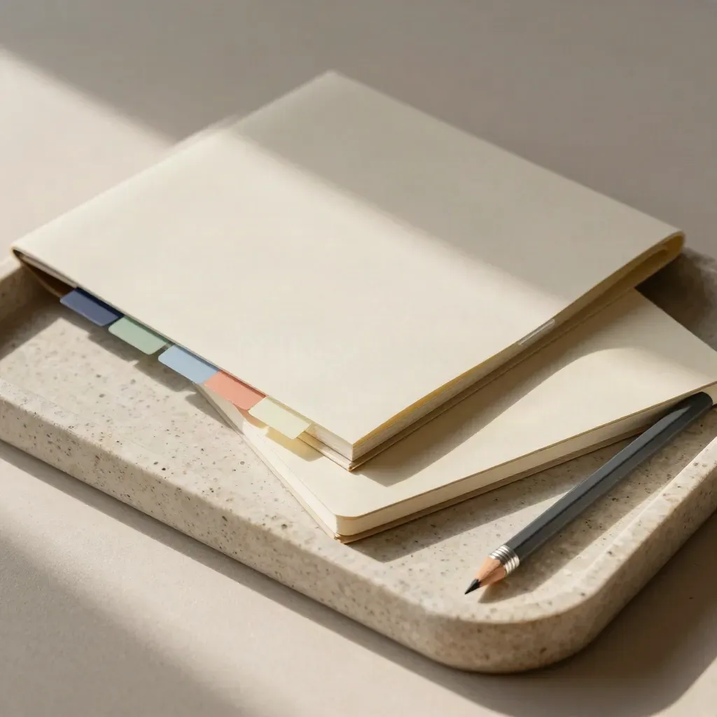 Travertine tray with manila folder, tabs, notebook and pencil under soft side light.