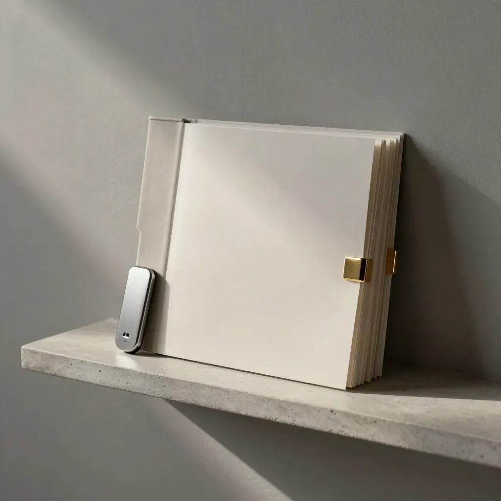 Closed portfolio, USB drive, and clipped final pages on a plaster shelf in soft light.