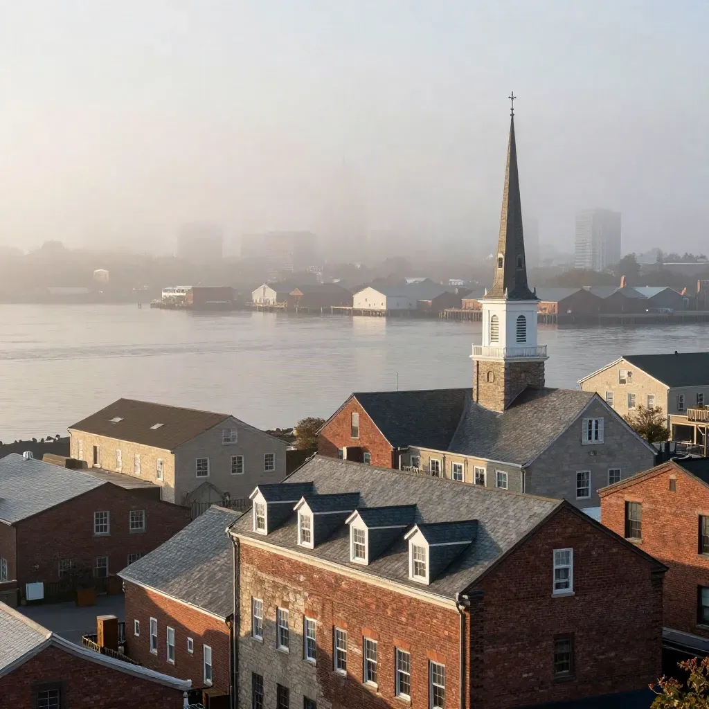 Foggy Northeast harbor skyline with brick rooftops and church spire above calm water.