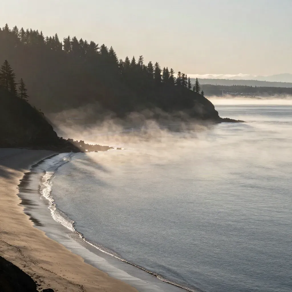 Sunlit West Coast bay with evergreens, mist, and a distant city edge