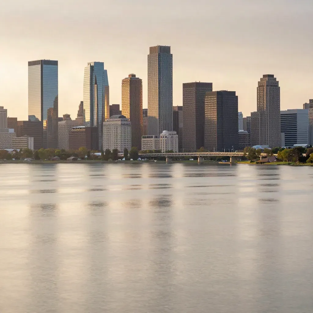 Golden-hour Midwest lakefront skyline above a calm open lake