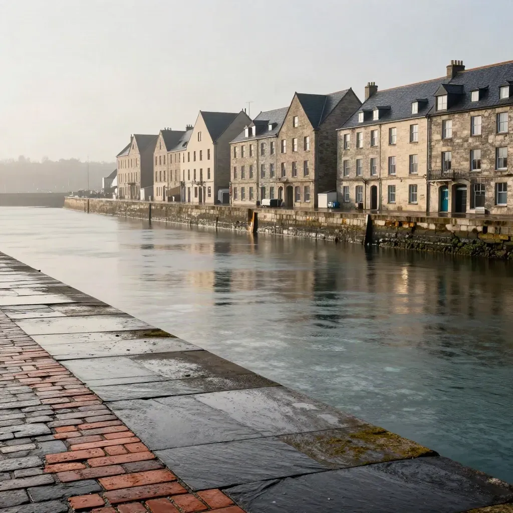 Misted waterfront stone and slate skyline under warm haze, with calm copy space below.