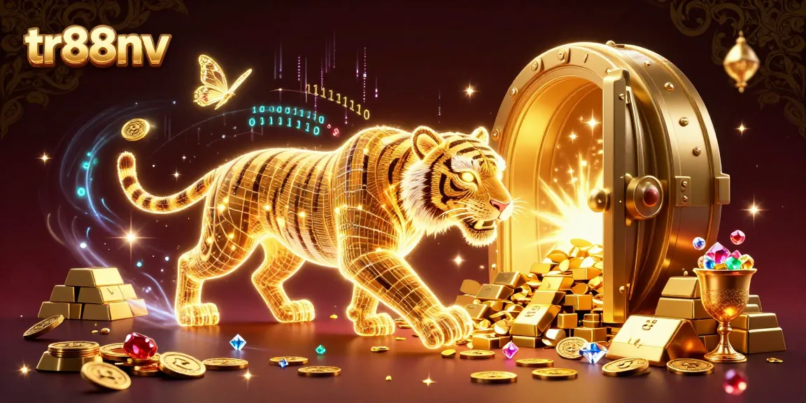 tr88nv showcases a neon-wireframe tiger in a vibrant casino scene filled with treasures and gems.