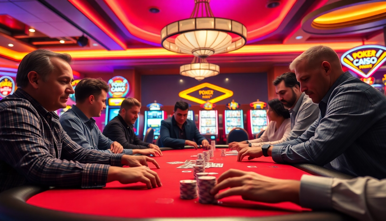 Menang di mole4d sambil bermain poker dengan suasana kasino yang meriah.