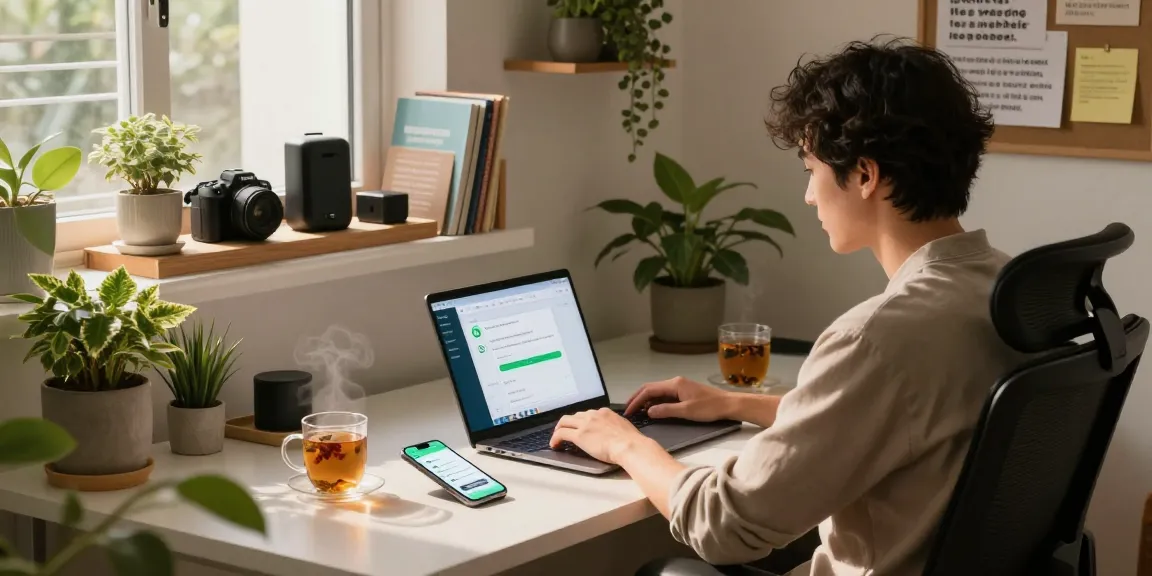 Engaged professional using WhatsApp網頁版 on a laptop in a cozy home office.