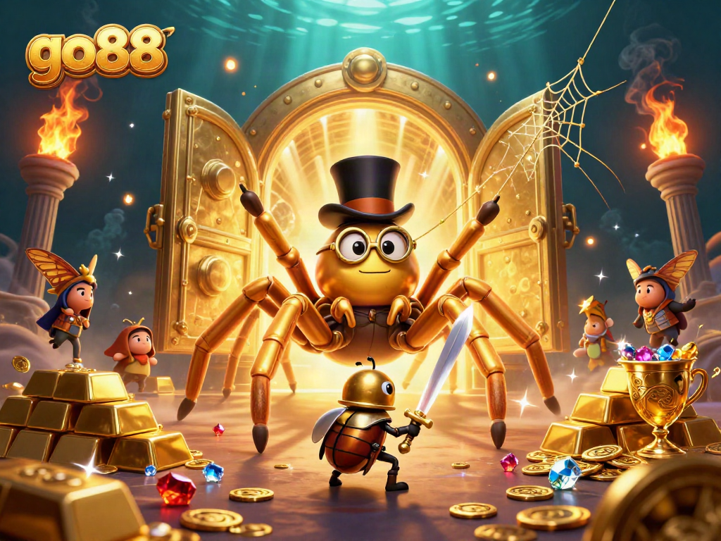 Experience exhilarating gaming at go88 with a golden tarantula and knight battling amidst treasure.