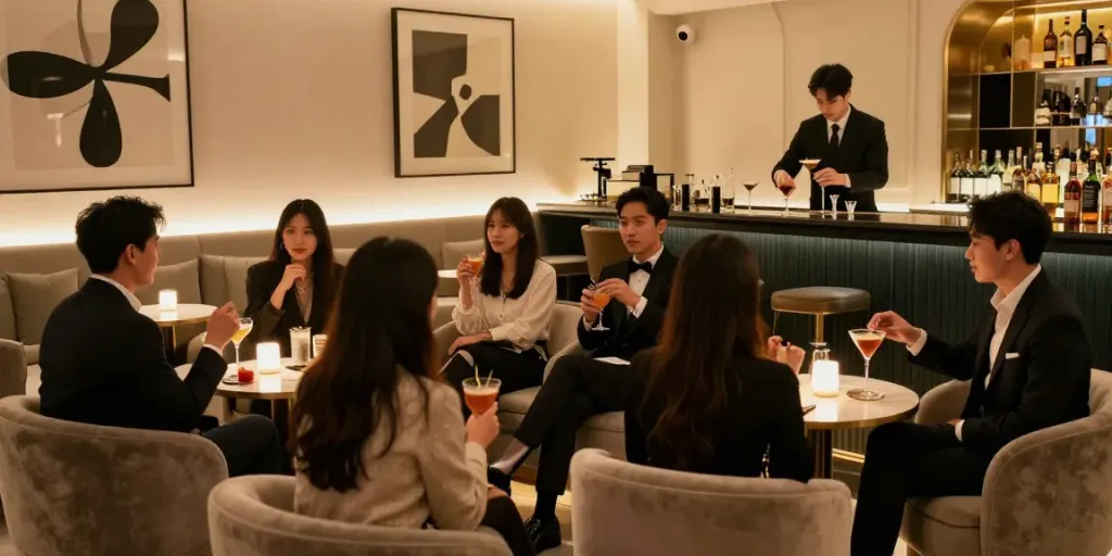 강남타이밍의 세련된 유흥 공간에서 즐거운 대화를 나누고 있는 손님들 모습