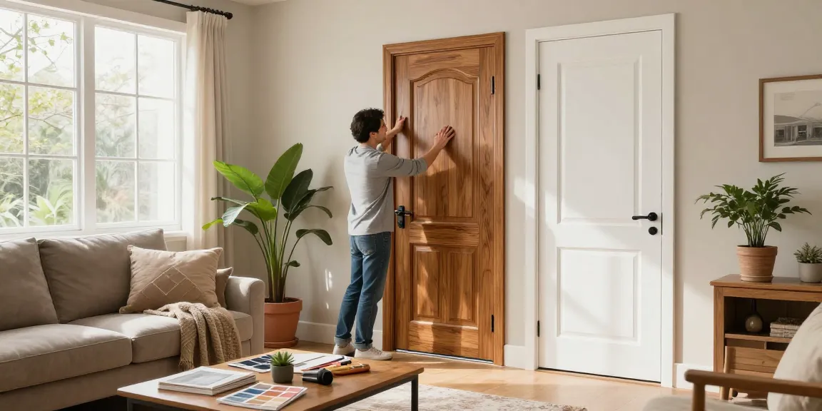 Homeowner examining wooden door, find out more about quality finishes.