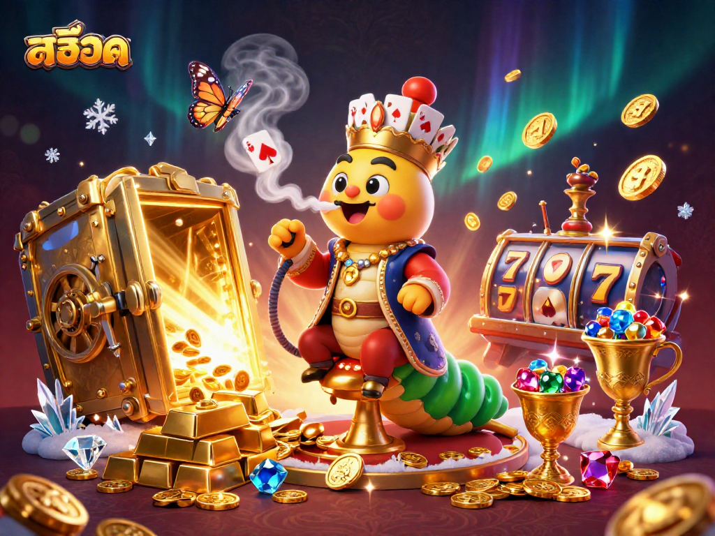 Spin the reels of สล็อต with a whimsical caterpillar master in a glamorous casino scene.