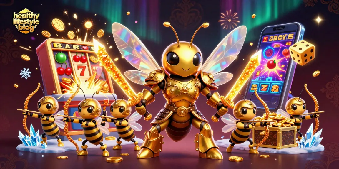A captivating 3D scene from a healthy lifestyle blog featuring a giant golden hornet and bee archers in action amidst vibrant slot machine symbols, dazzling jackpot effects, and dynamic casino element