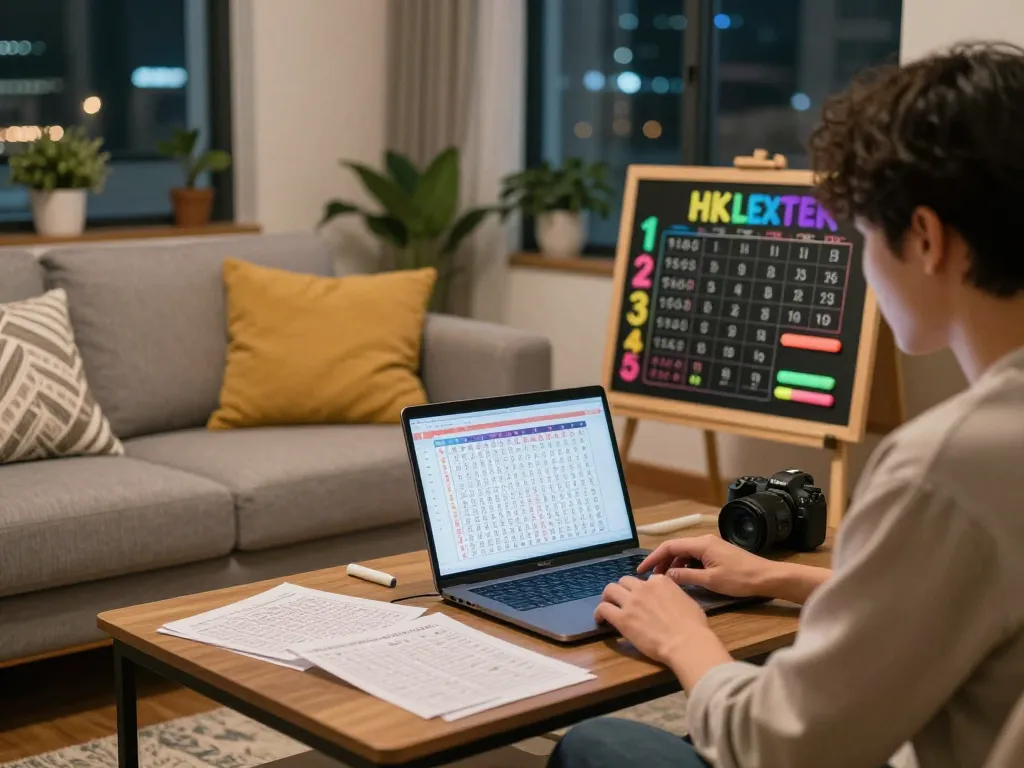 Live HK lottery results review in a cozy home setting with notes and colorful numbers.