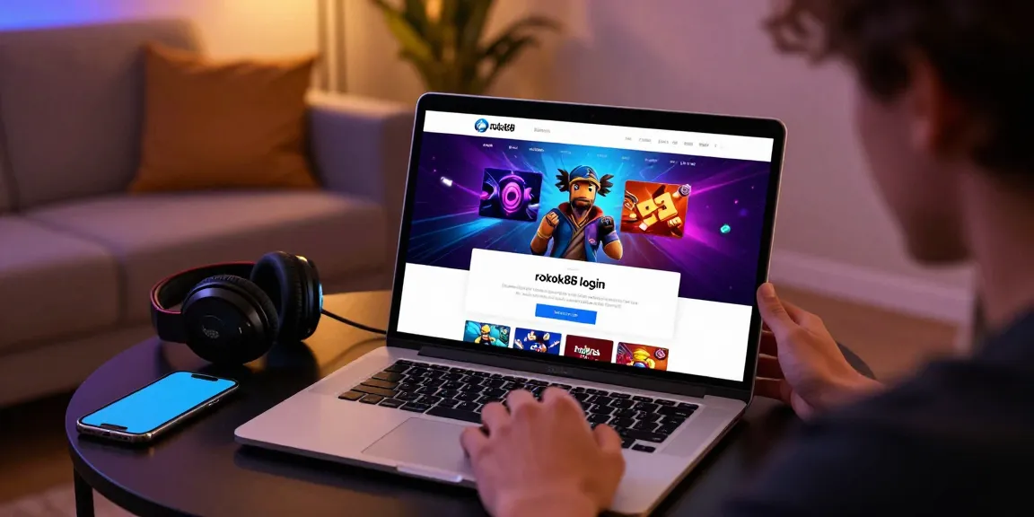 User accessing the rokok88 login page on a vibrant online gambling platform in a cozy living room setting.
