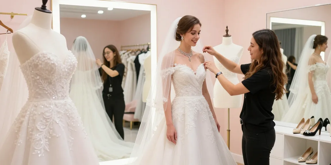 Consulenza di bridal styling per la sposa che prova un abito elegante, gioielli e accessori in un ambiente luminoso.