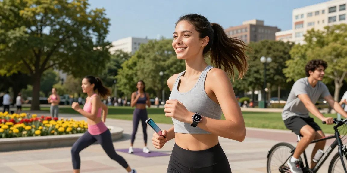 Pengguna Fitbit Luxe dari https://www.polarfitbitshop.com/fitbit-luxe/ berlari di taman kota dengan gaya hidup sehat dan aktif.