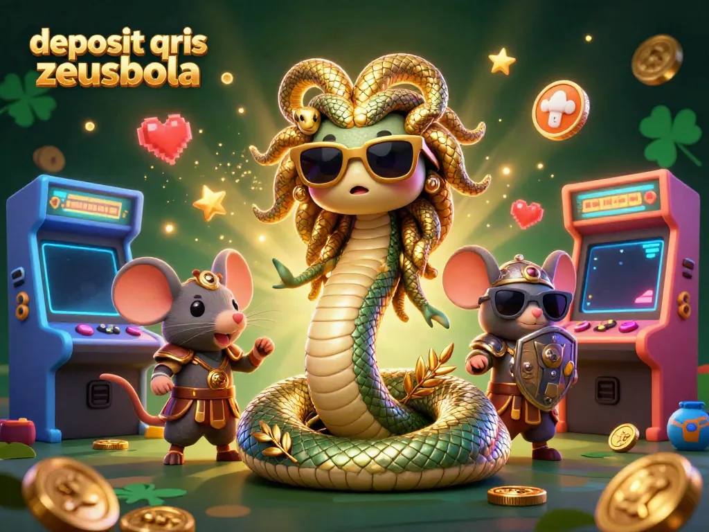 Engage in thrilling gameplay with deposit qris zeusbola illustrated in a vibrant casino scene featuring Medusa and arcade machines.