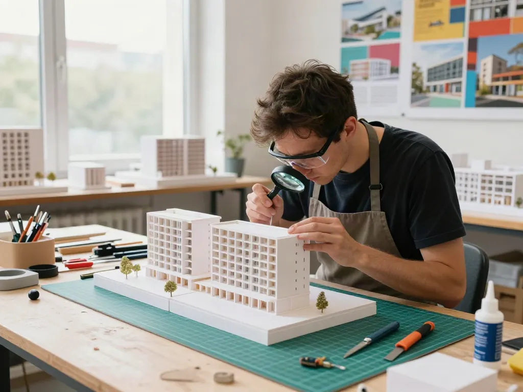 Architektur Modellbau Düsseldorf: Handwerker erstellt detailgetreues Modell eines Wohnkomplexes in heller Werkstatt
