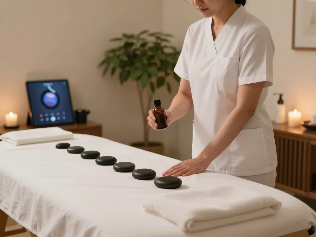 Experience relaxation with 왕십리출장마사지 in a serene therapy room, showcasing candles and essential oils.