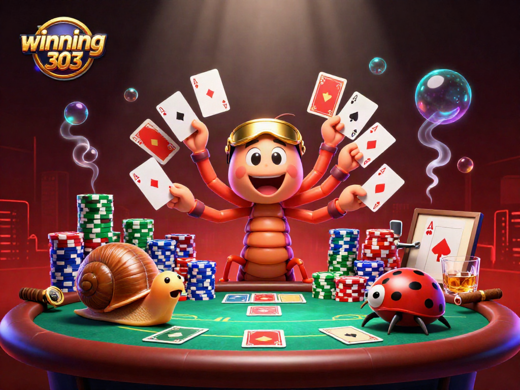 Celebrate winning303 gaming with lively characters at a poker table highlighting exciting casino action.