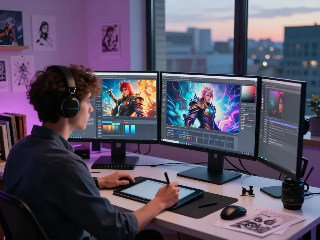 Creative professional generating NSFW AI art in a vibrant digital studio.