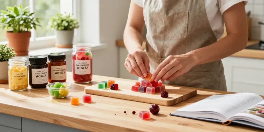 Artisan preparing activist edibles in a bright kitchen with colorful gummy ingredients and cannabis extracts.