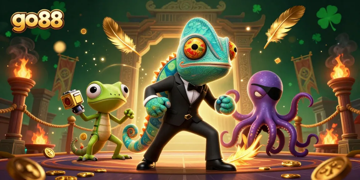 Bet on go 88 with a dynamic scene of colorful characters and casino-themed elements.