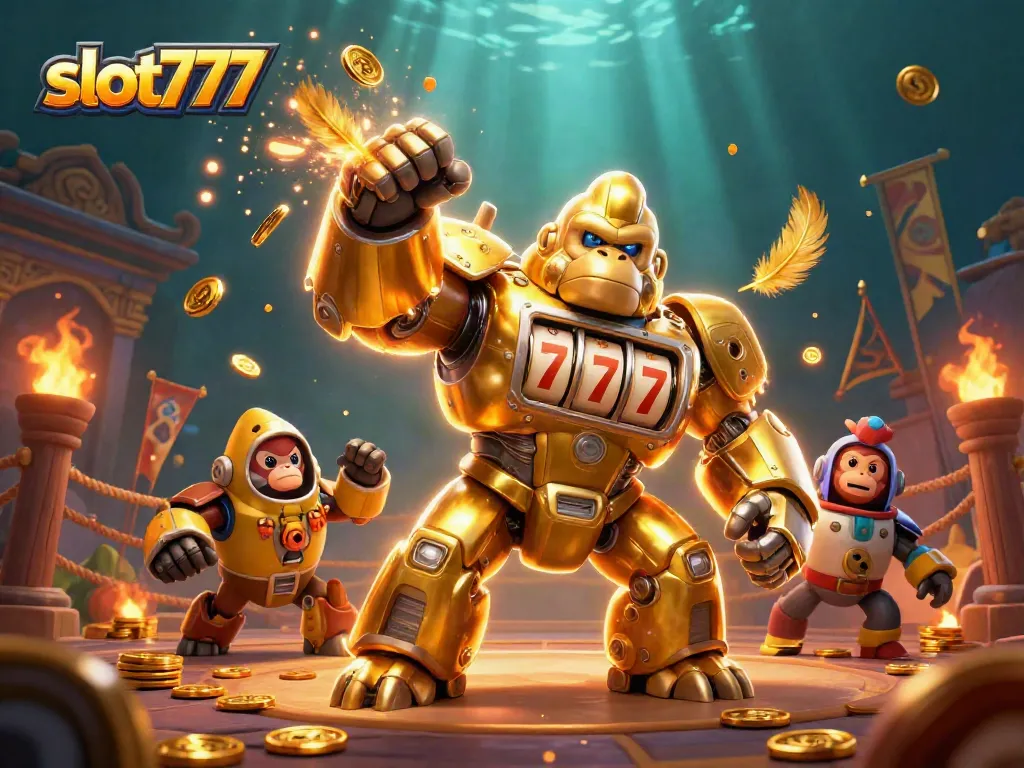 Slot777 menghadirkan gorila emas mekanik yang memukau dengan mesin slot, dikelilingi koin emas.