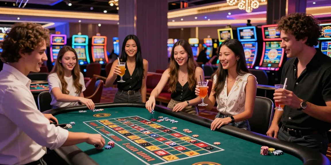 Celebrating friends enjoying rokok88 at a lively casino table.