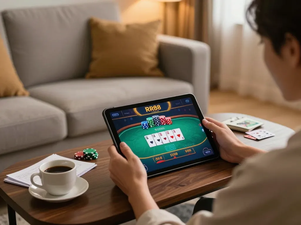 Person enjoying an online gaming experience with RR88 SELECT on tablet and strategy notes.