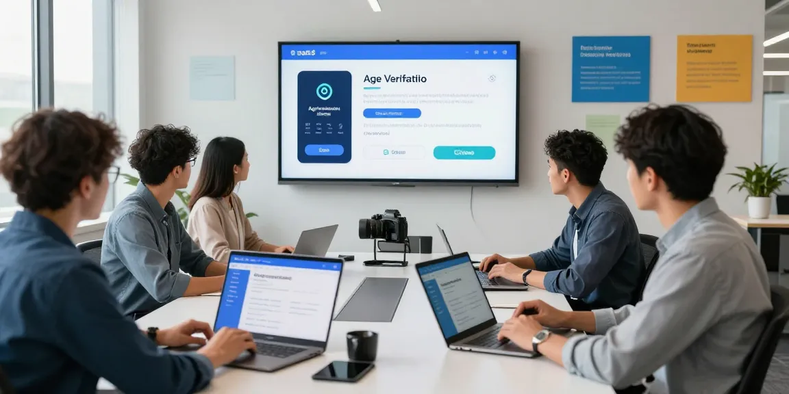 Team discussing an age verification system in a modern tech office with digital displays.